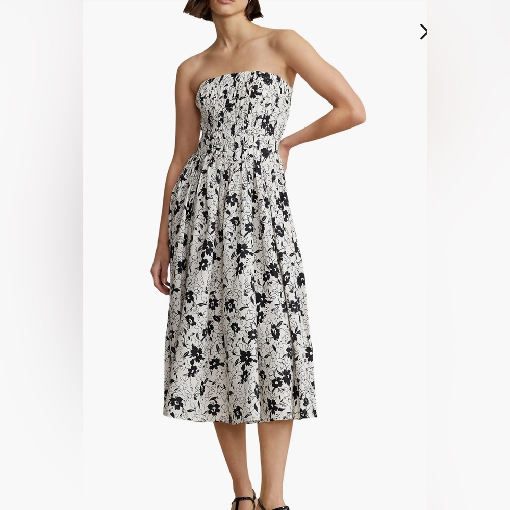 Polo Ralph Lauren Black and White Strapless Linen Midi Dress